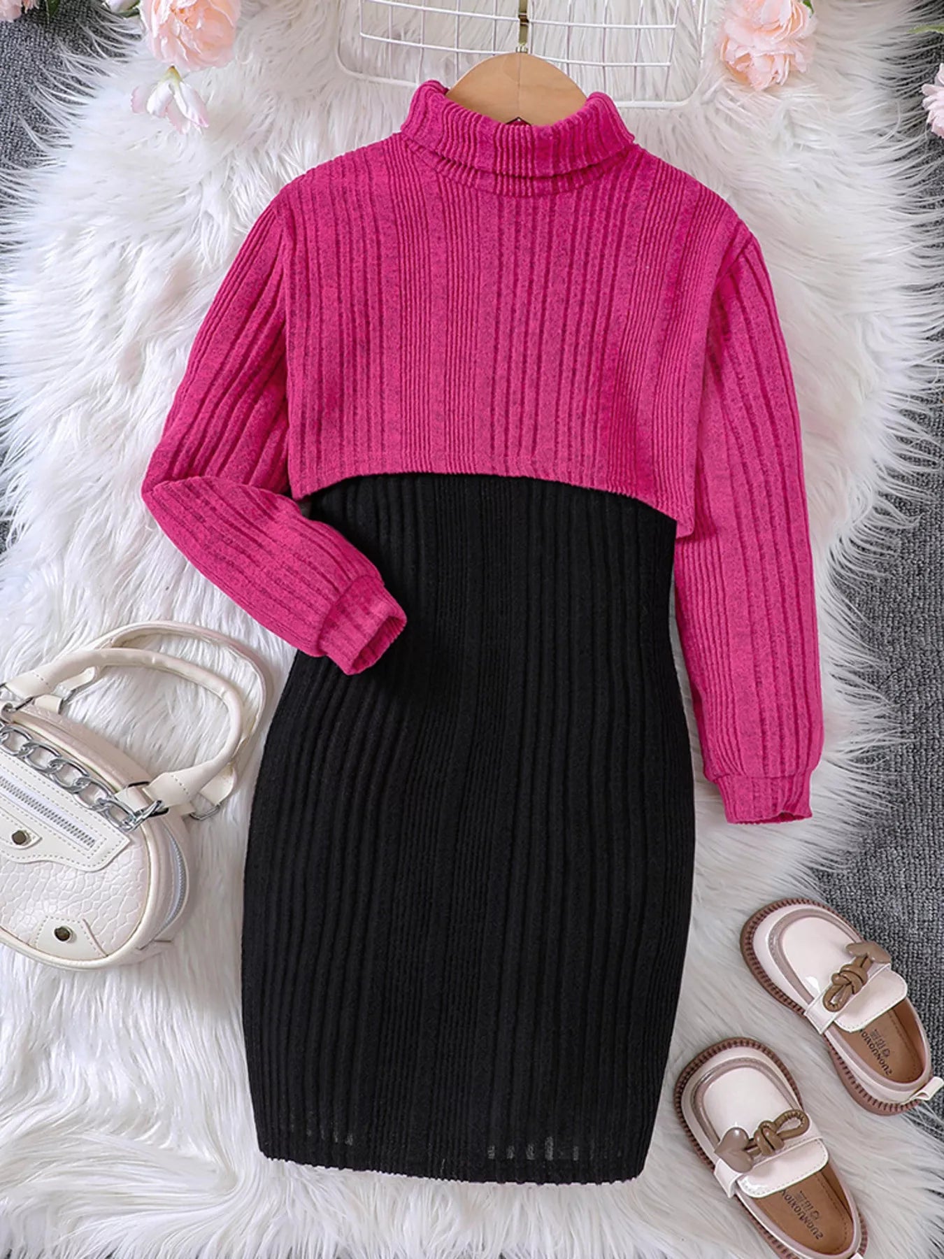Children's Ribbed Knit Two-Tone Dress Set - cas7m