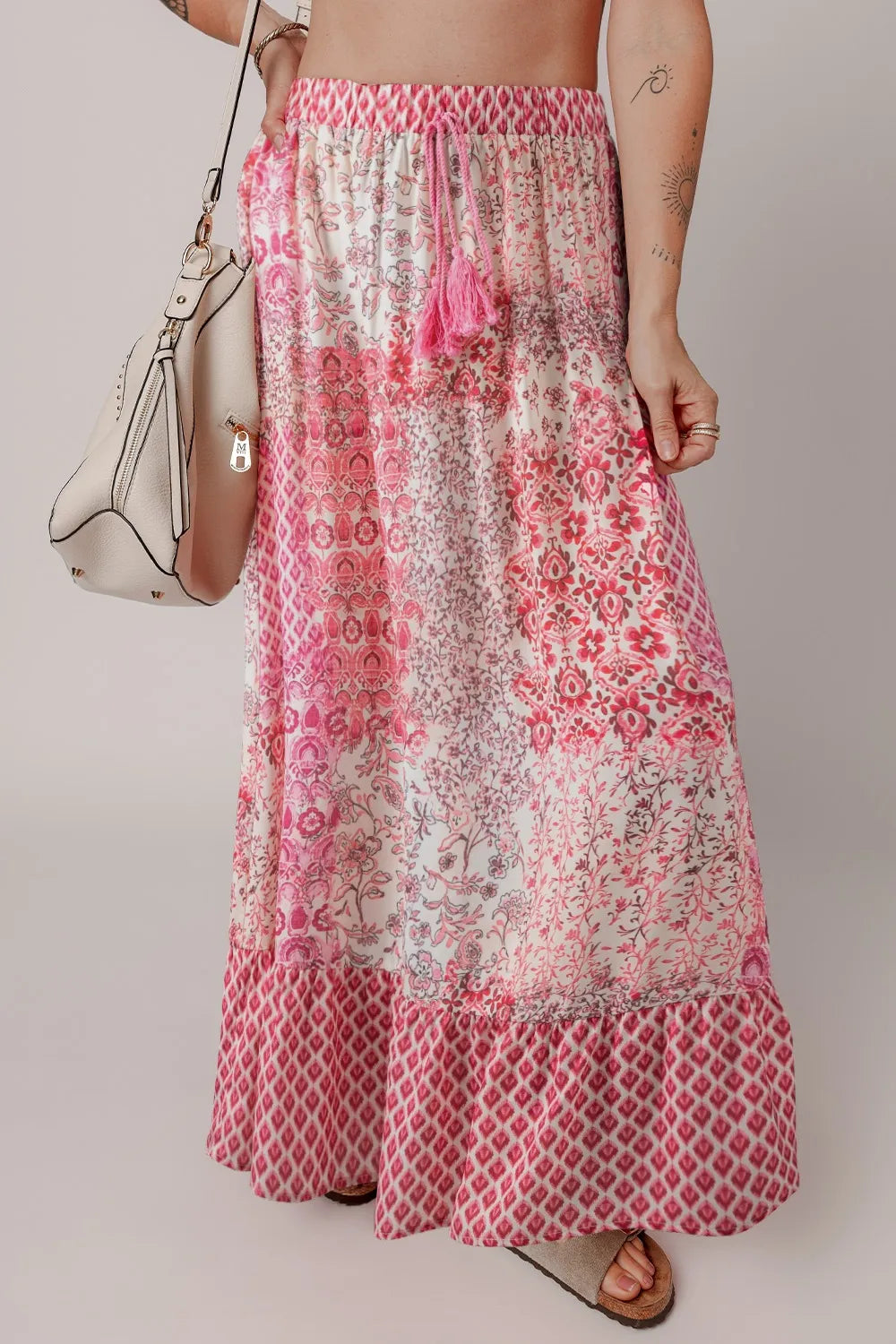 Printed Tassel Drawstring High Waist Maxi Skirt - cas7m