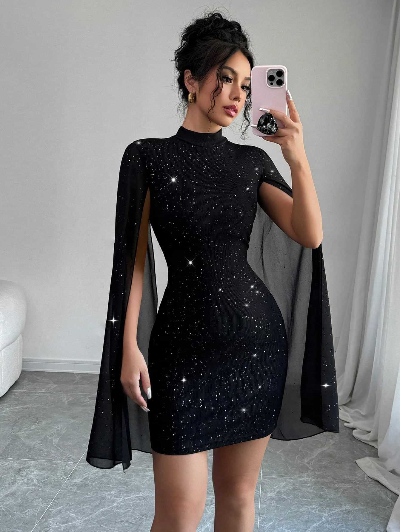 Women's Sexy Elegant Evening Party Dresses Round Neck Pit Stripe Pearl Chiffon Cape Sleeve Wrapped Hip Dress - cas7m