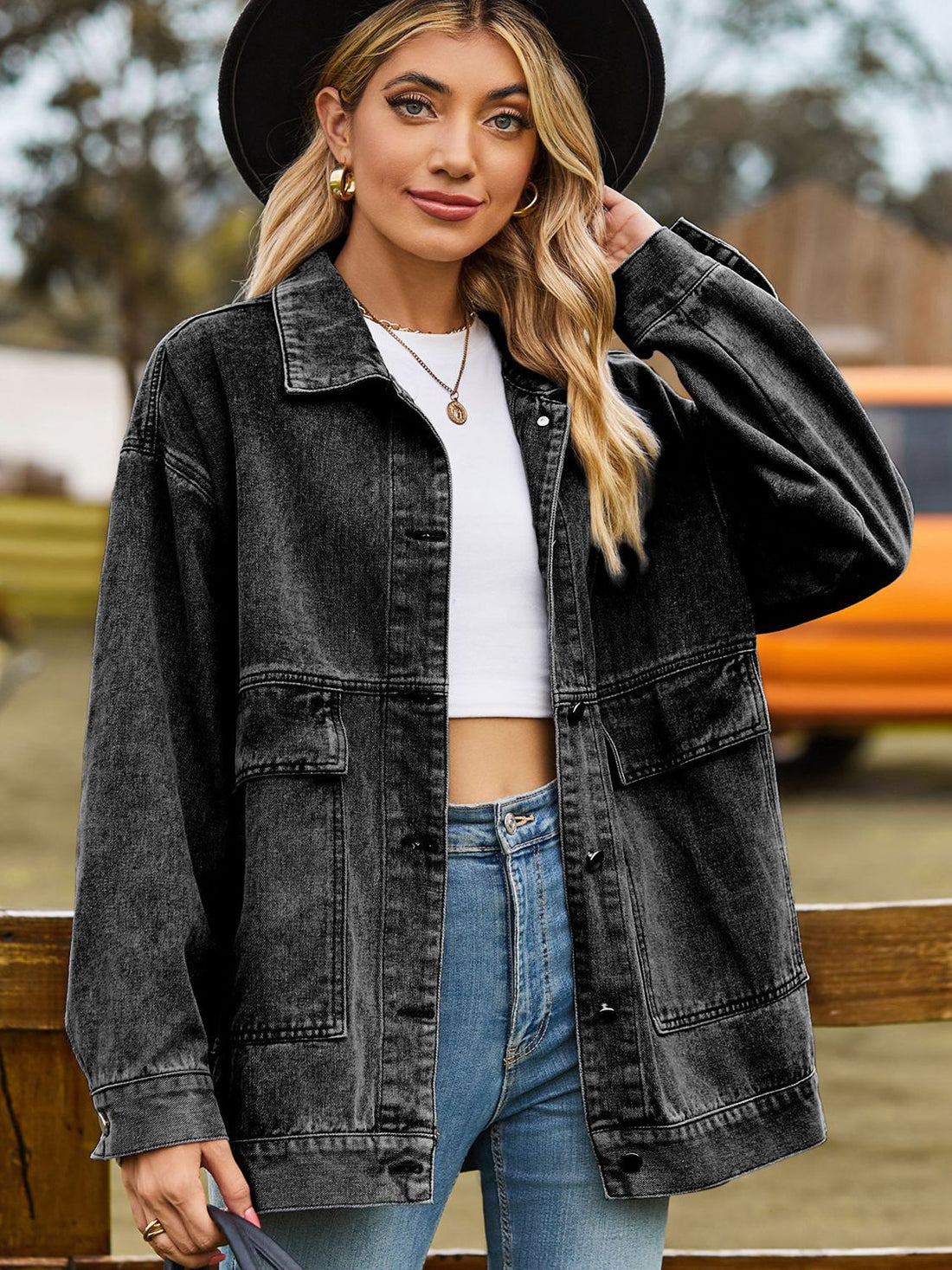 Dropped Shoulder Denim Jacket with Pockets - cas7m