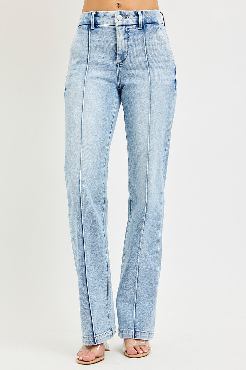 RISEN Tummy Control High Rise Straight Pin Tuck Jeans - cas7m