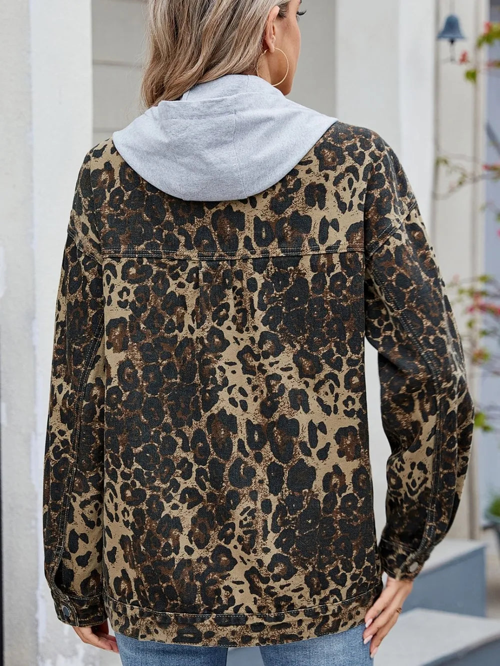 Pocketed Leopard Long Sleeve Denim Jacket - cas7m