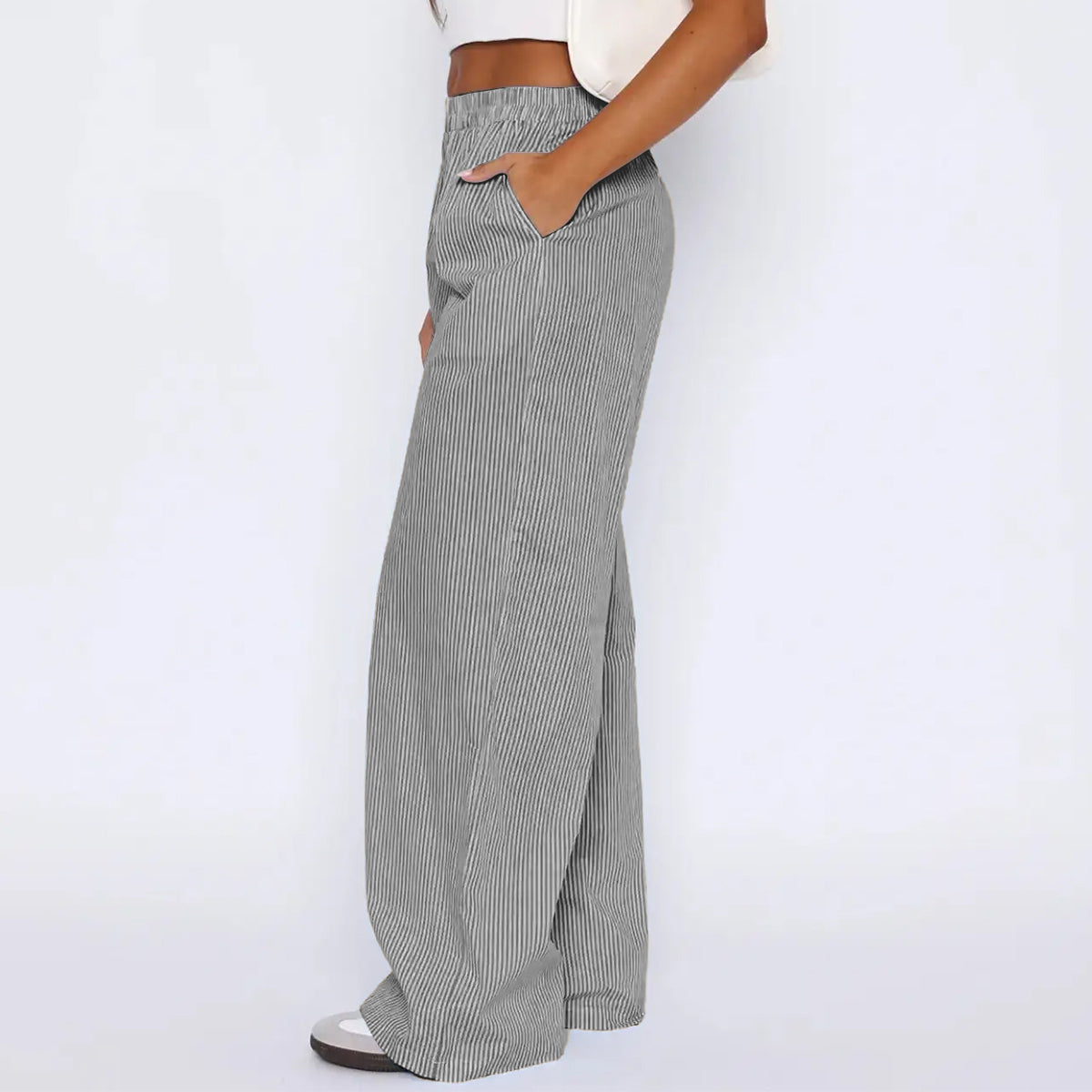 Striped Trousers With Pockets Ins Fashion Casual Wide Leg Straight Pants For Women Clothing - cas7m