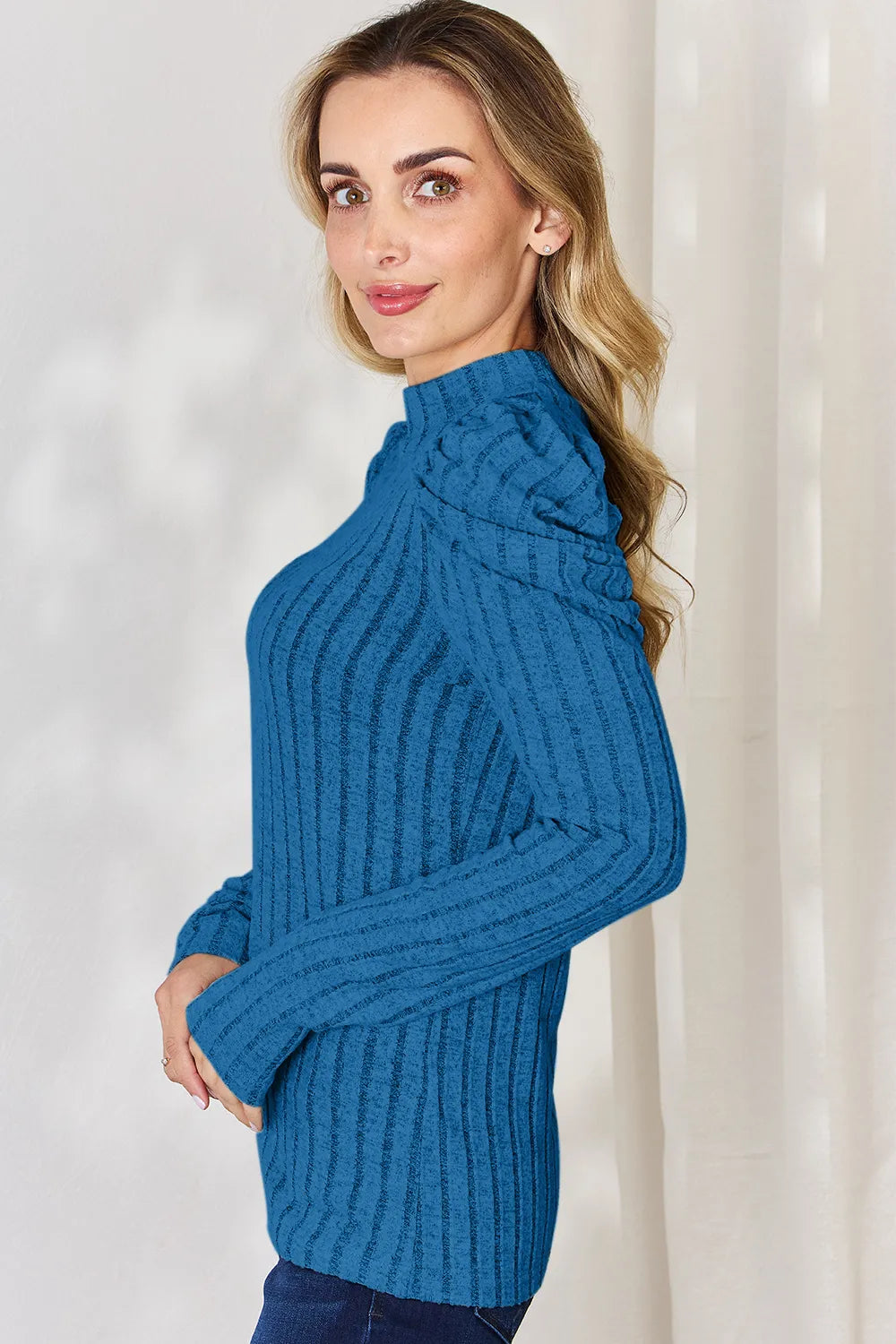 Basic Bae Full Size Ribbed Mock Neck Puff Sleeve T-Shirt - cas7m