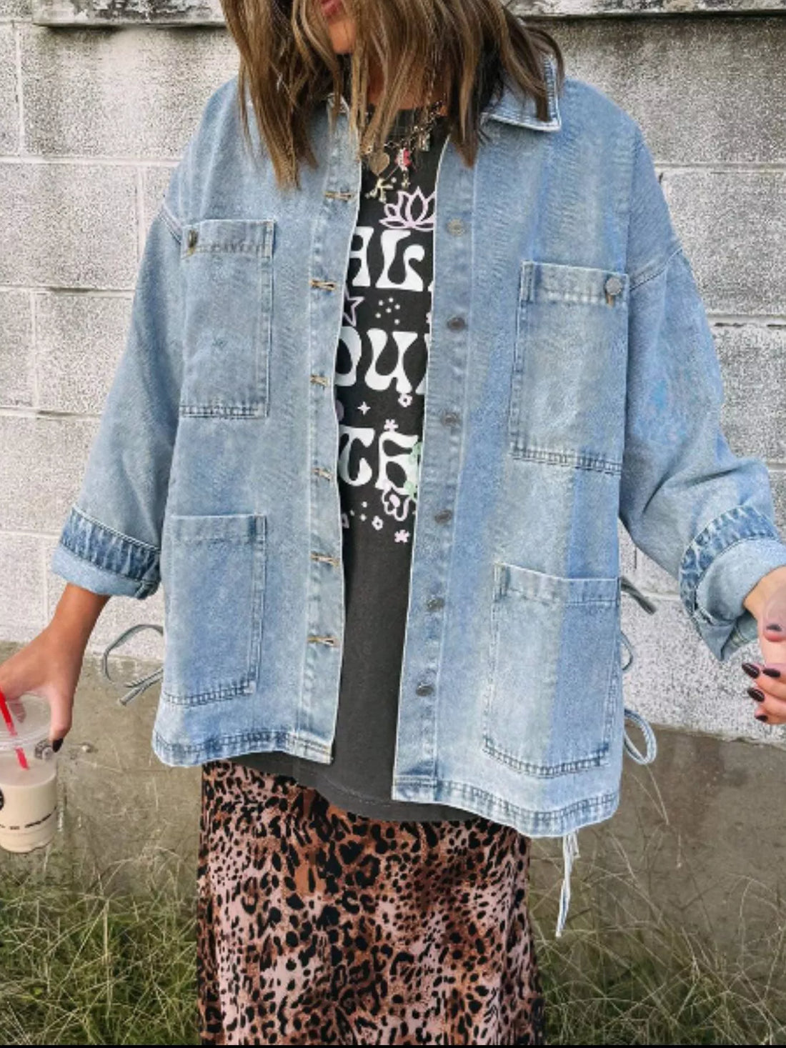 Patched Pockets Side Tie Denim Jacket - cas7m