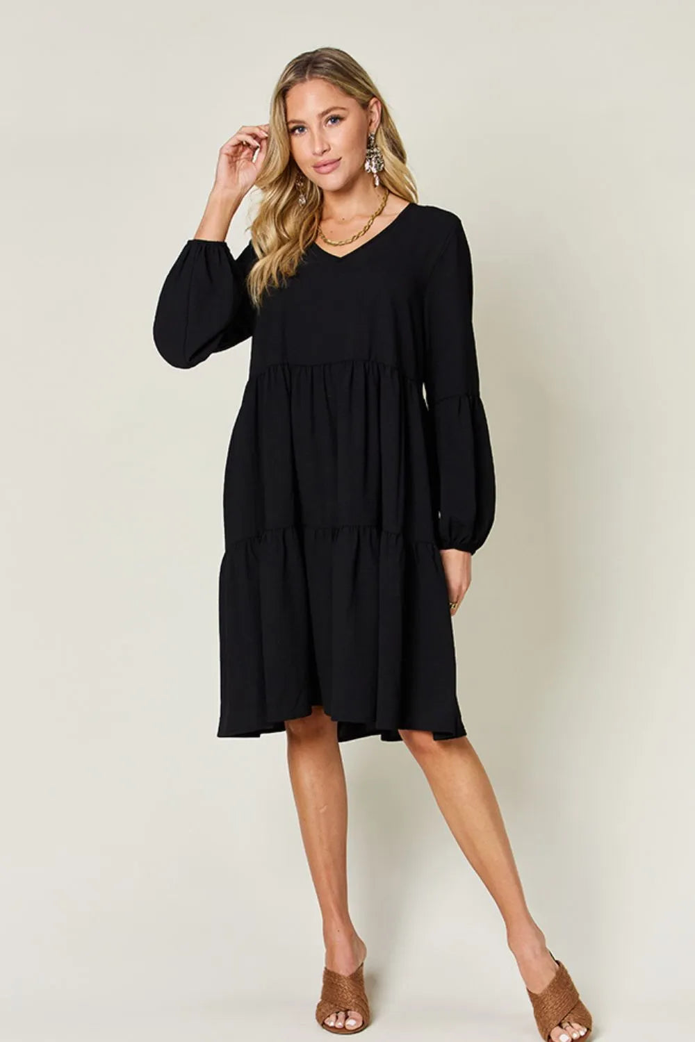 Double Take Full Size V-Neck Balloon Sleeve Tiered Dress with Pockets - cas7m