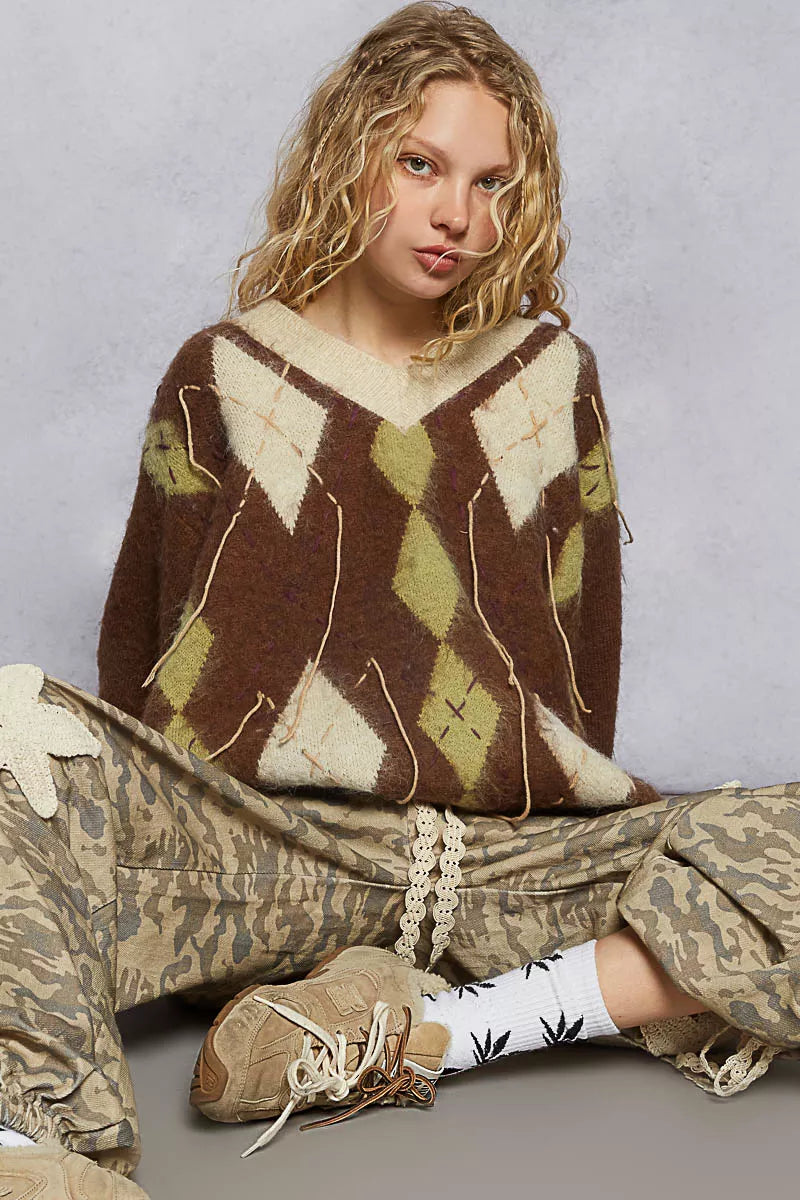 POL V-Neck Argyle Pattern Mohair Sweater with Contrast Exposed Stitch Detail - cas7m