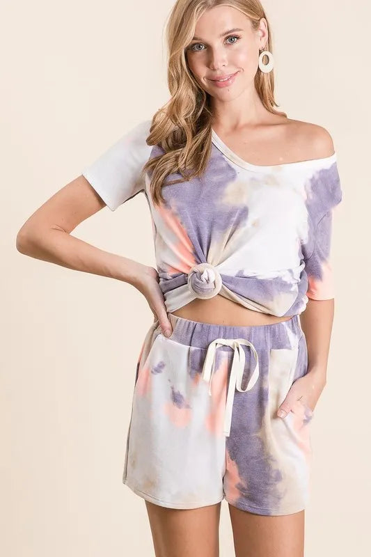 BiBi Tie Dye Terry Shorts with Drawstring - cas7m