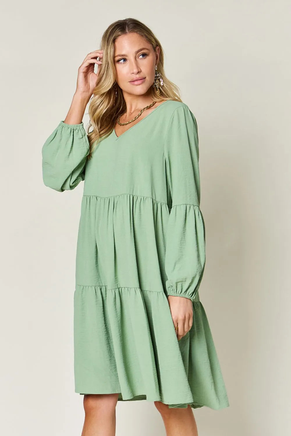 Double Take Full Size V-Neck Balloon Sleeve Tiered Dress with Pockets - cas7m