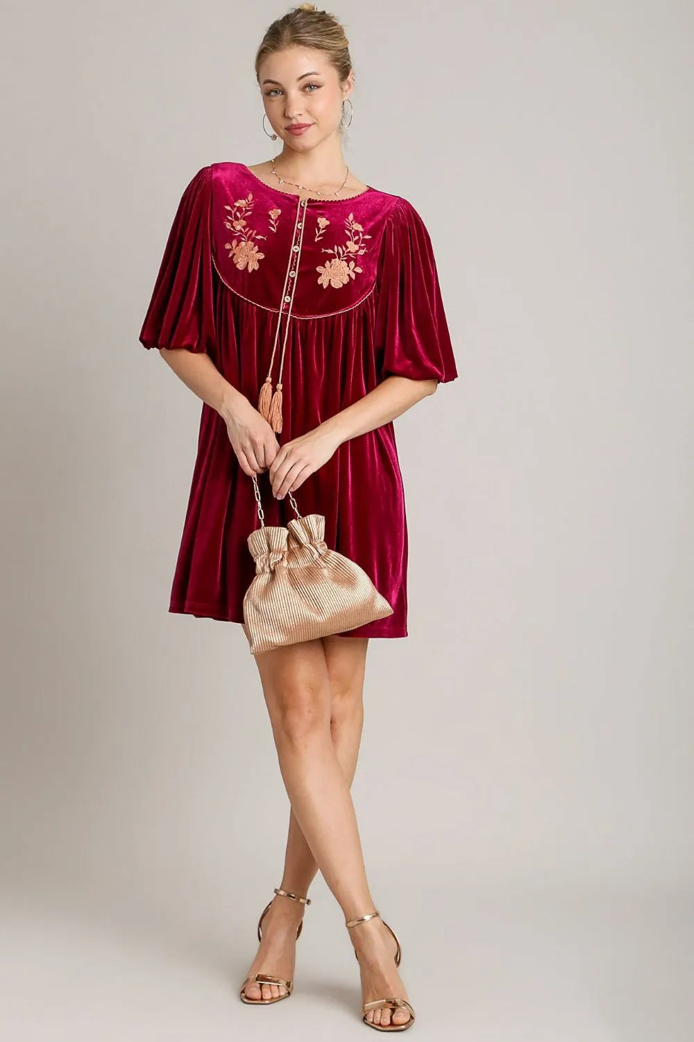 Umgee Embroidered Half Sleeve Velvet Mini Dress with Tassel - cas7m