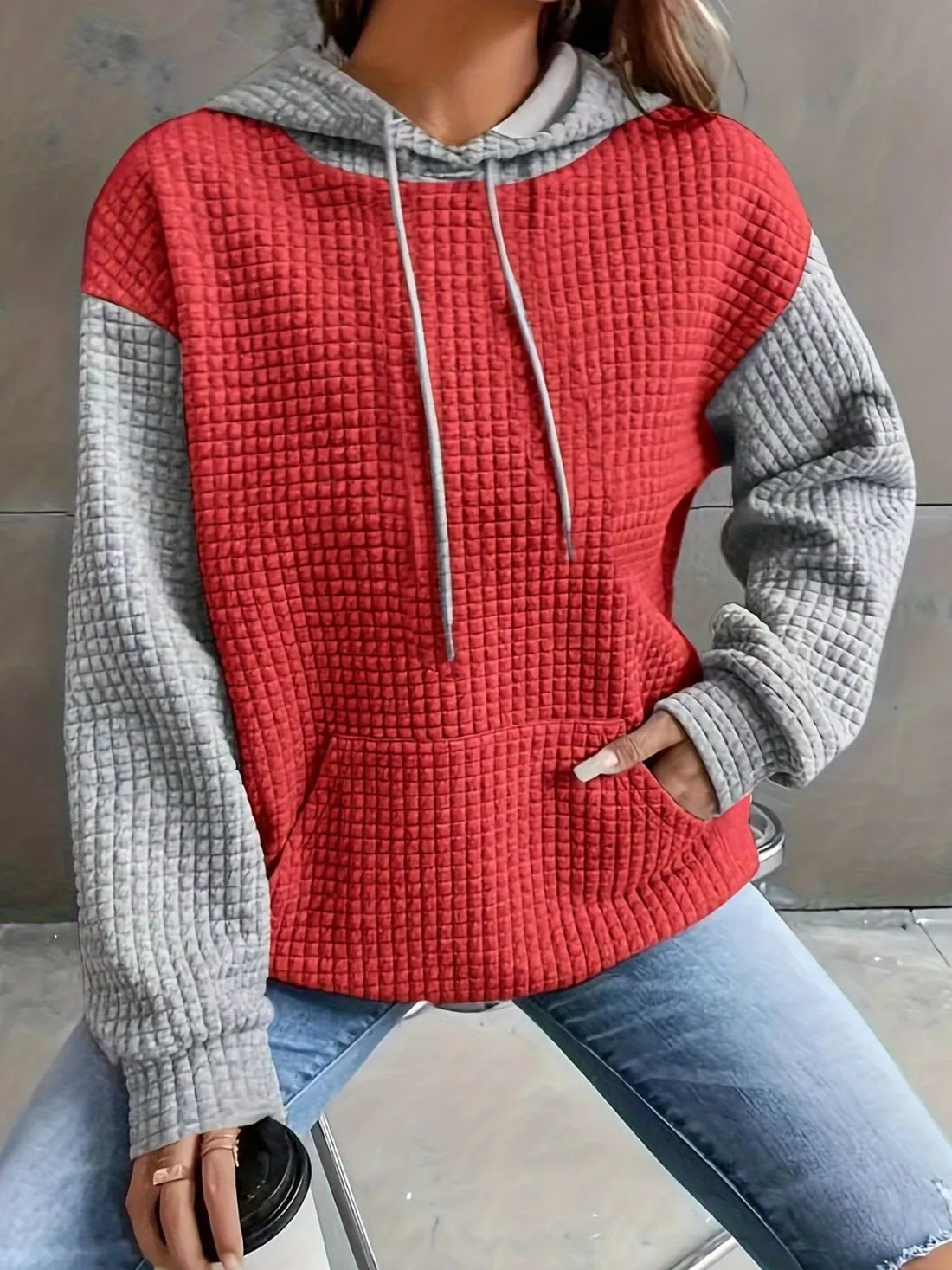 Full Size Textured Kangaroo Pocket Hoodie Plus Size - cas7m