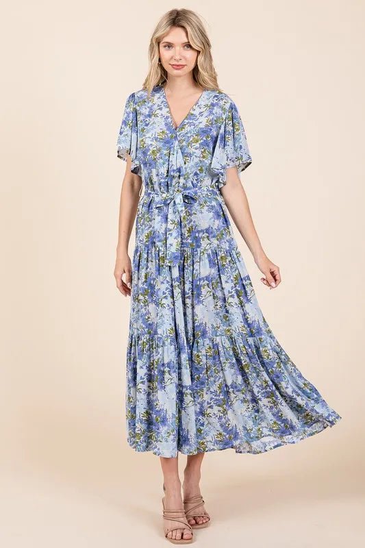 Mittoshop Floral Tie Waist Flutter Sleeve Tiered Dress - cas7m