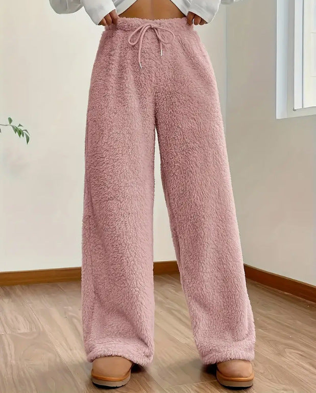 Women's Solid Color Loose Fleece Casual Pants - cas7m