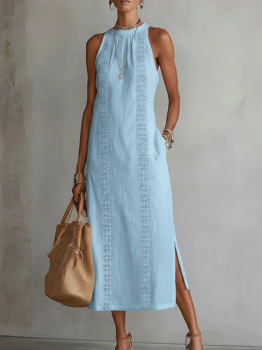 Women's Halter Neck Sleeveless Dress Lace Patchwork Holiday Style Summer Top - cas7m