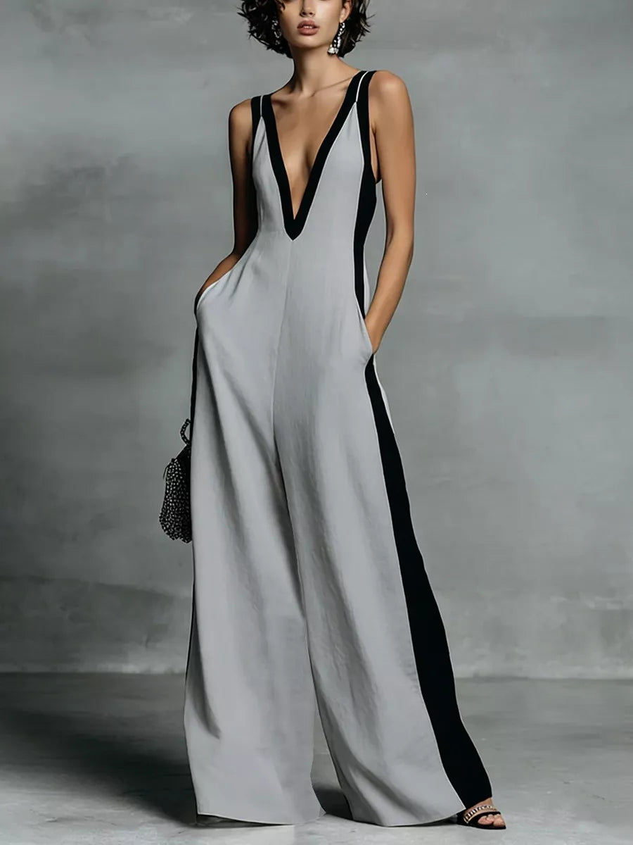 Contrast Trim V-Neck Jumpsuit - cas7m