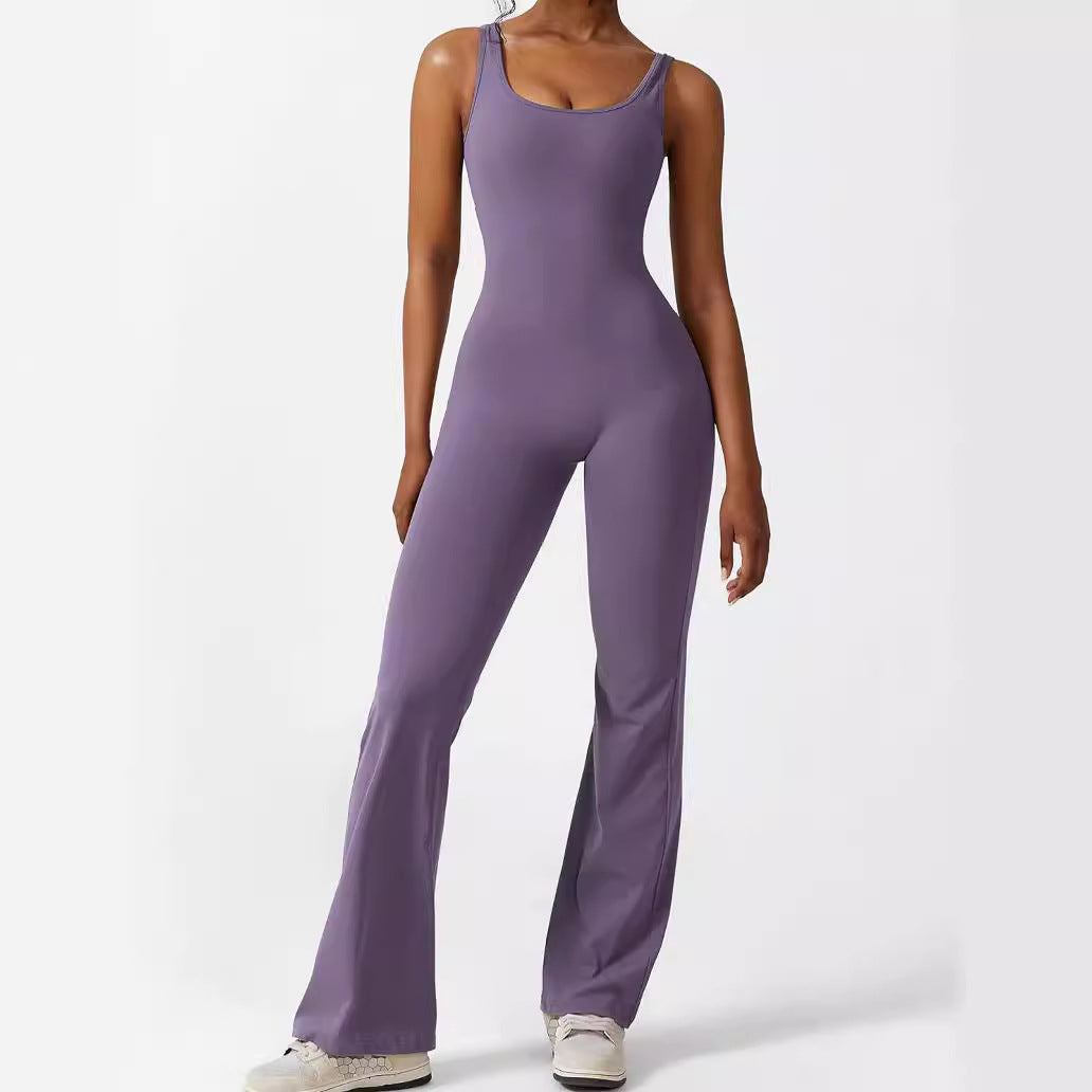 Women Sleeveless Flare Jumpsuits Fitness Yoga Long Pants - cas7m