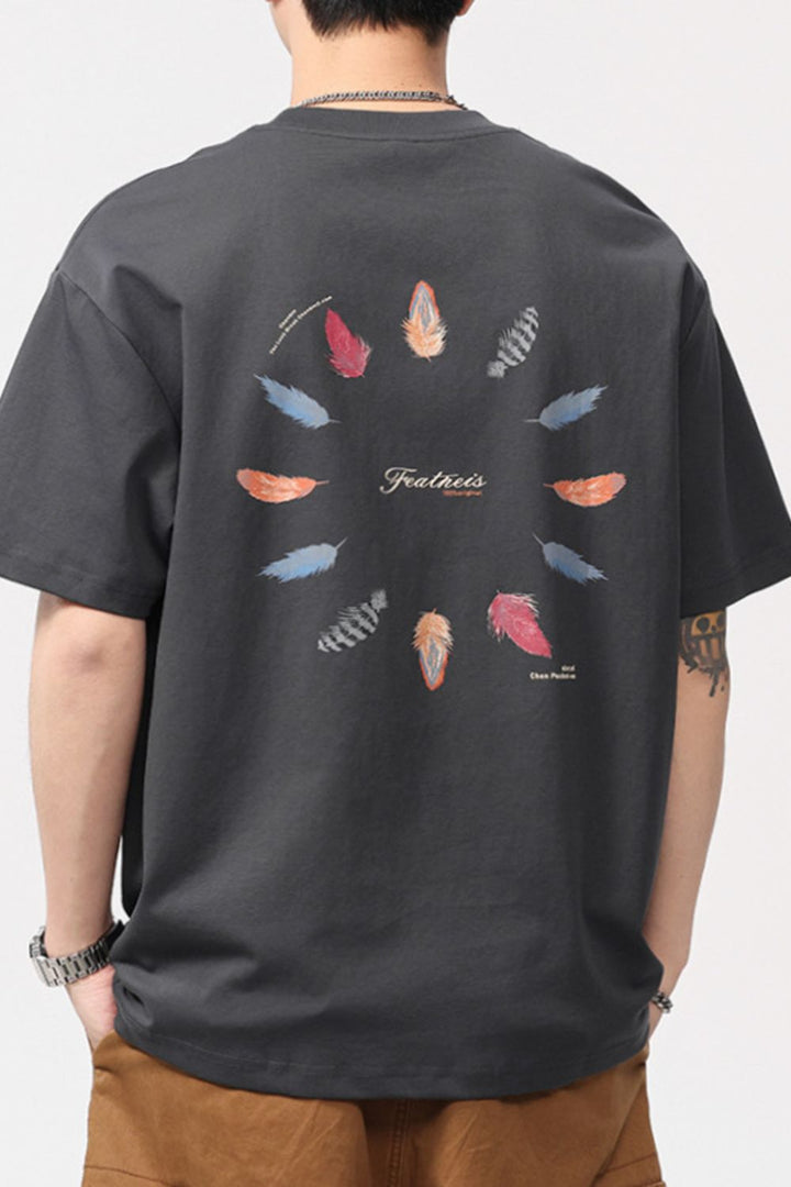 Men's Plus Size Feather Print Casual T-Shirt - cas7m