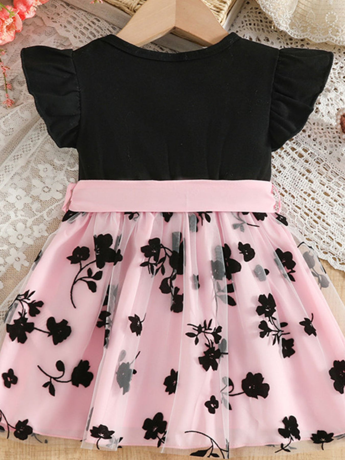 Children's Floral Print Mesh Bowknot Toddler Dress - cas7m
