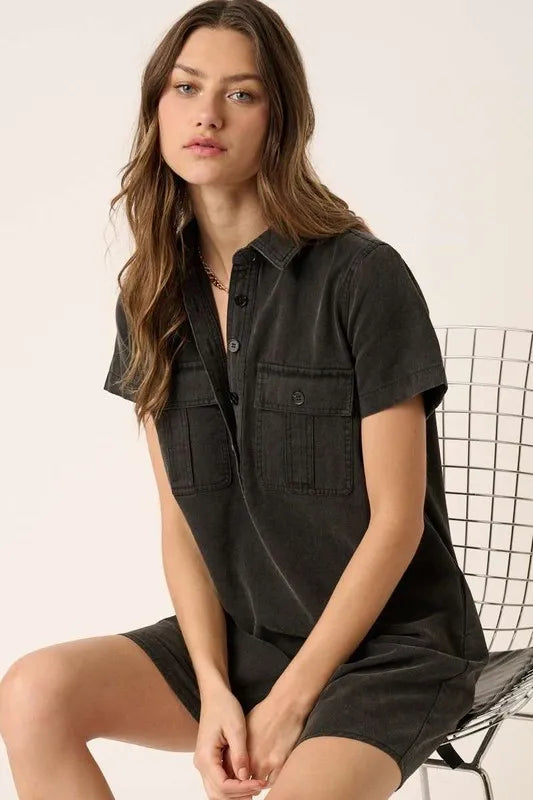 Mittoshop Button Detail Collared Neck Short Sleeve Shirt Dress - cas7m