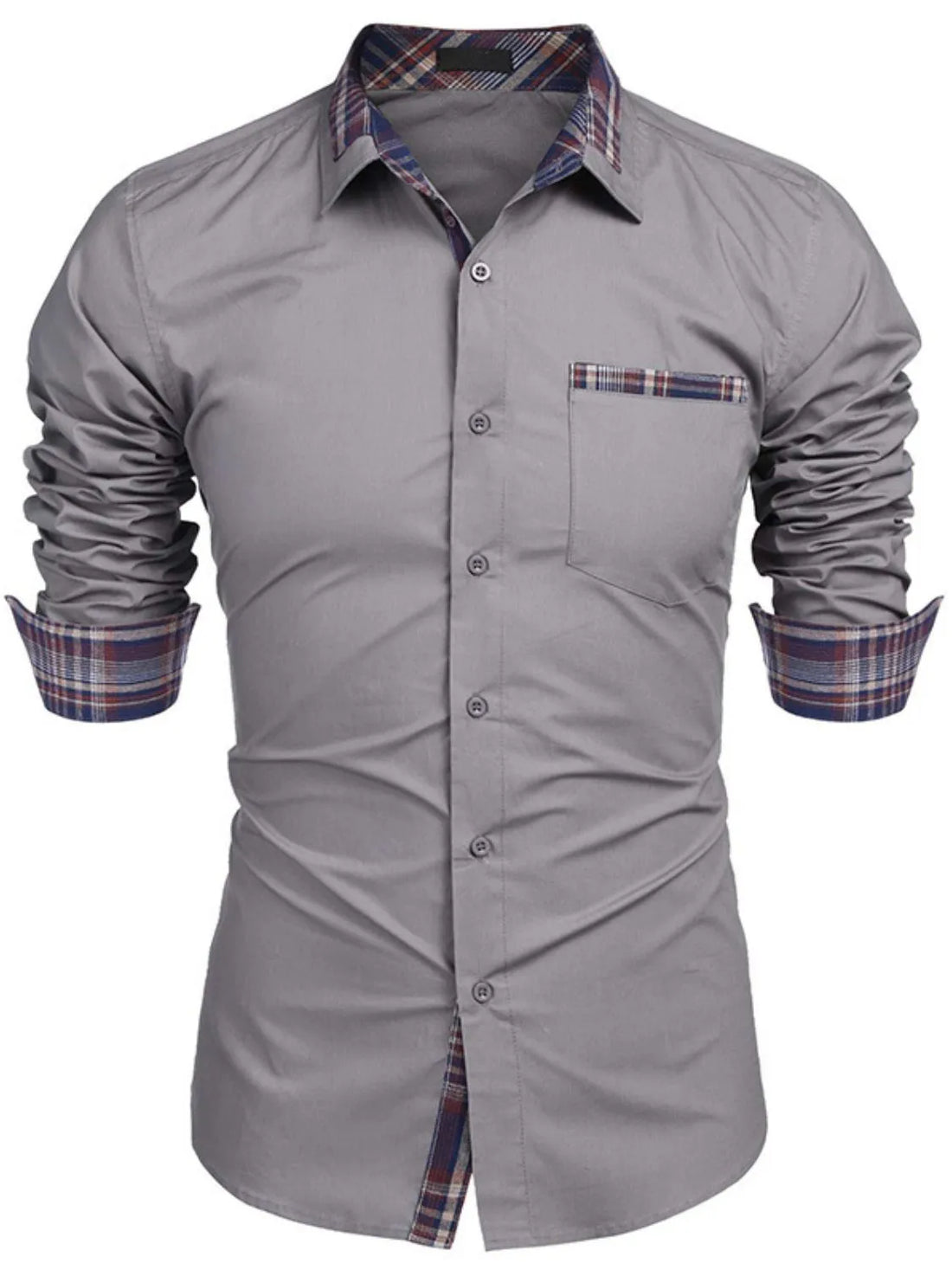 Men's Plaid Collared Neck Long Sleeve Shirt - cas7m