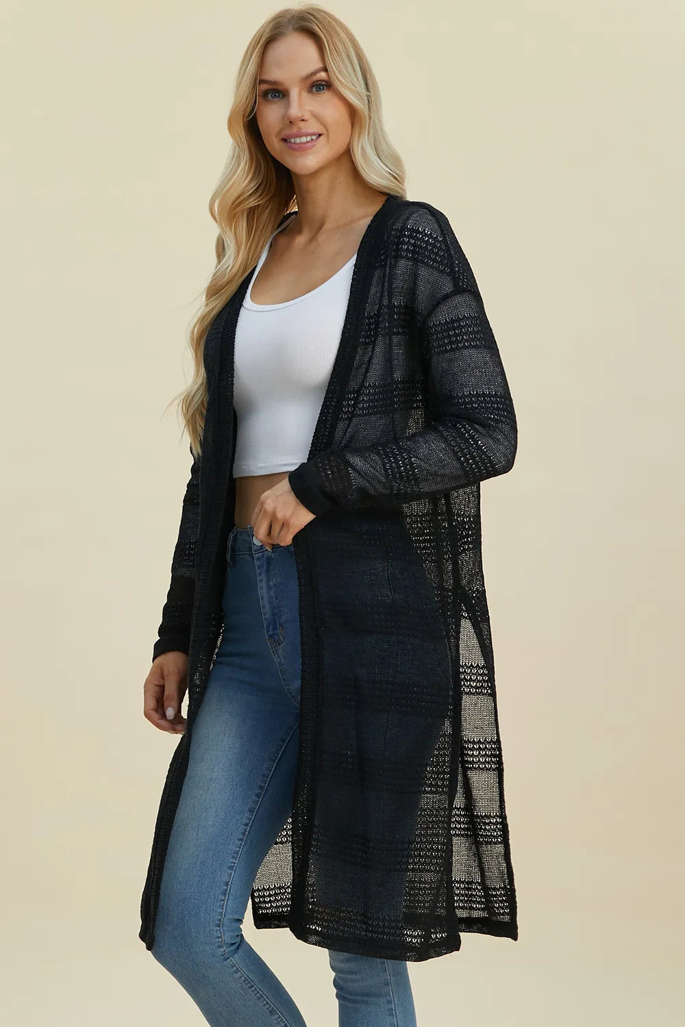 Double Take Full Size Open Front Longline Cardigan - cas7m