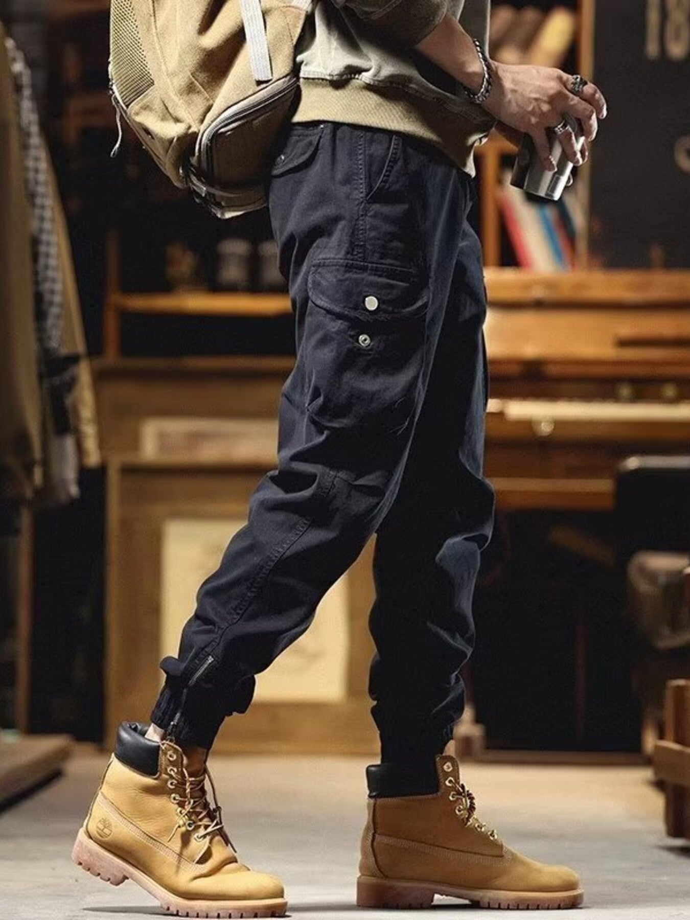 Men's Plus Size Casual Cargo Pants with Elastic Cuff - cas7m