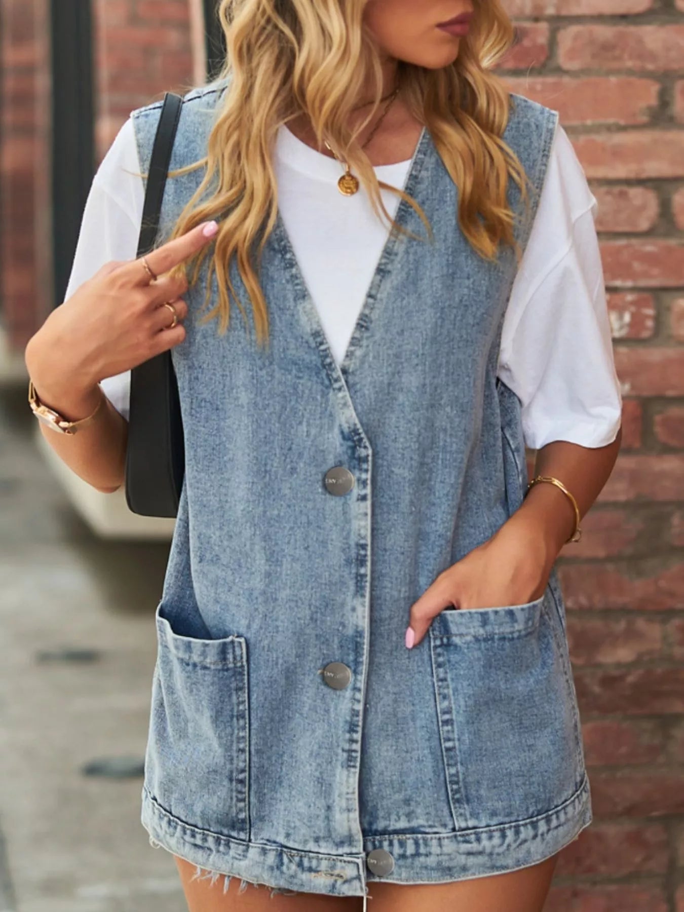 Sleeveless Button-Down Denim Jacket Vest - cas7m