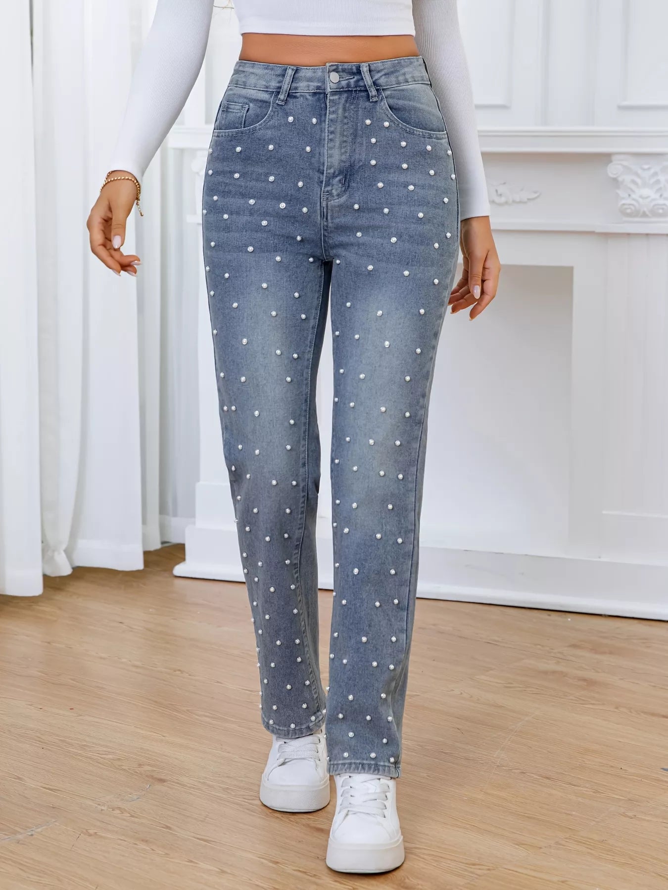 Pearl Embellished High Waist Straight Jeans - cas7m