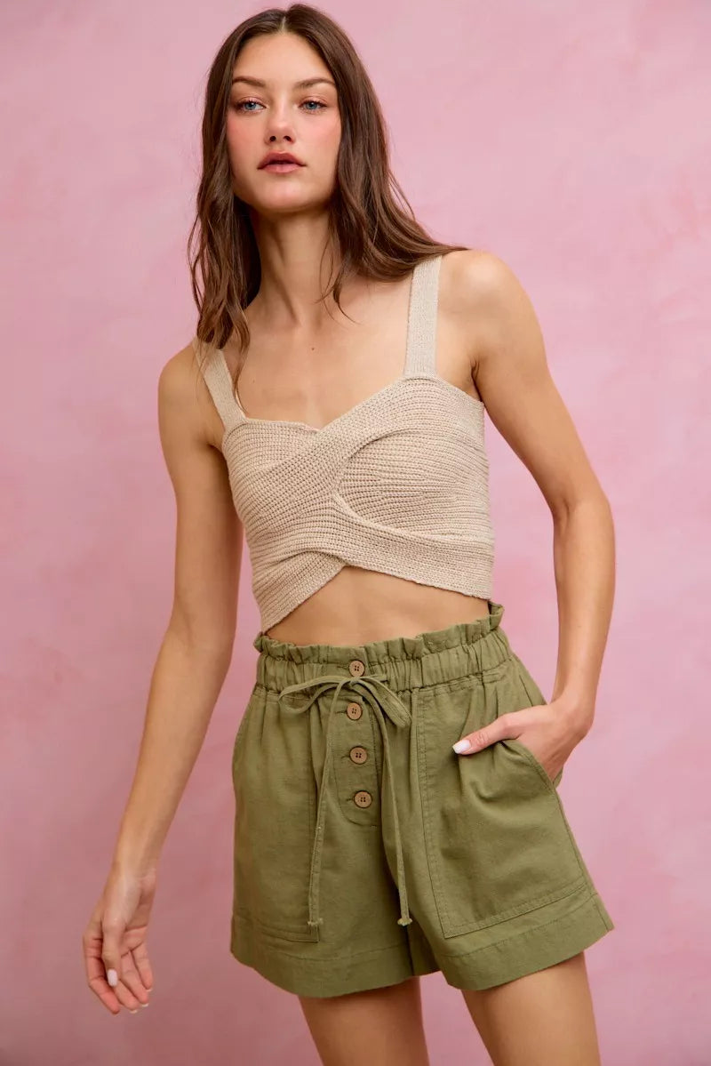 SO ME Paper Bag Patch Pocket Drawstring Twill Shorts - cas7m