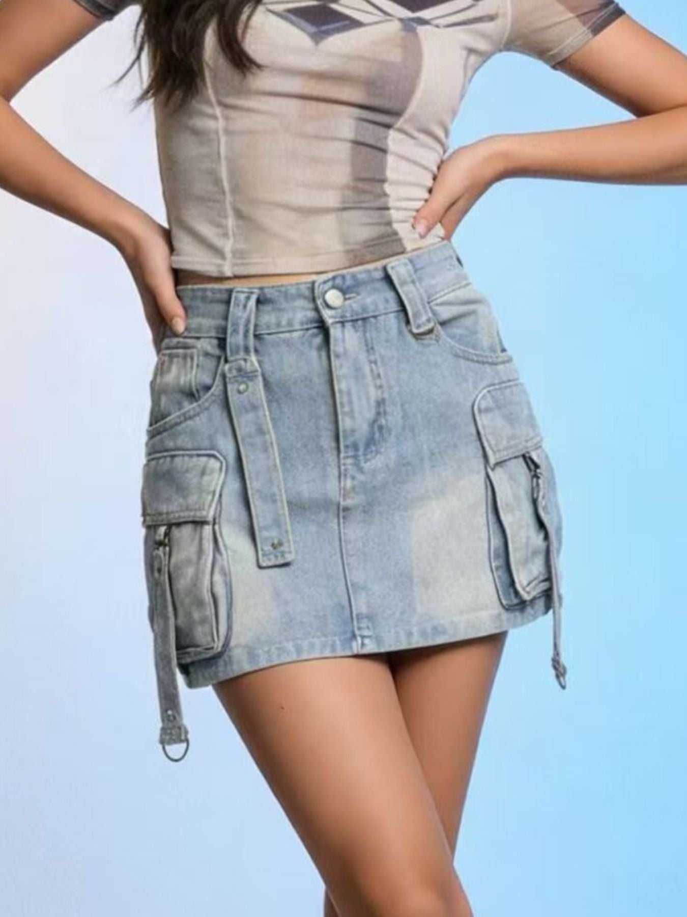 Washed Cargo Denim Skirt - cas7m