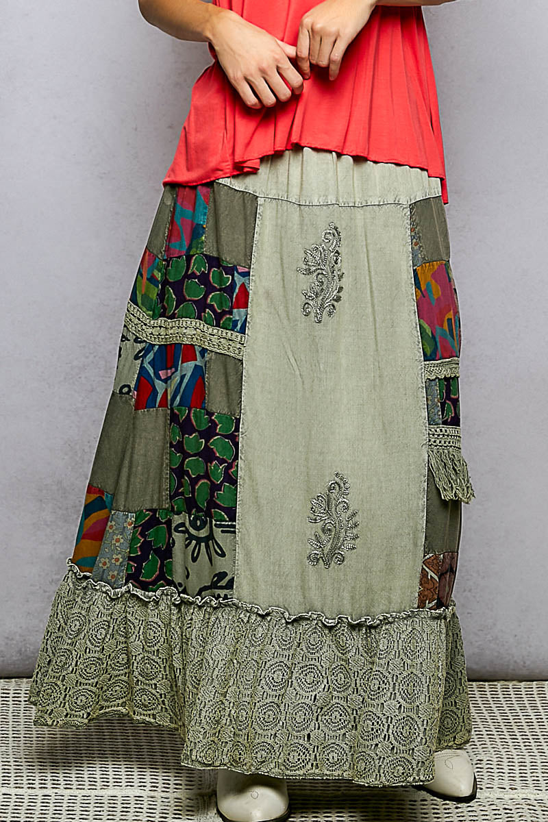POL Printed Patchwork Embroidered Ruffled Skirt - cas7m