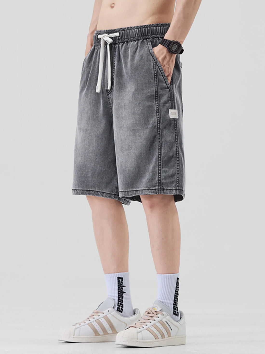 Men's Plus Size Casual Loose Fit Denim Shorts with Drawstring - cas7m