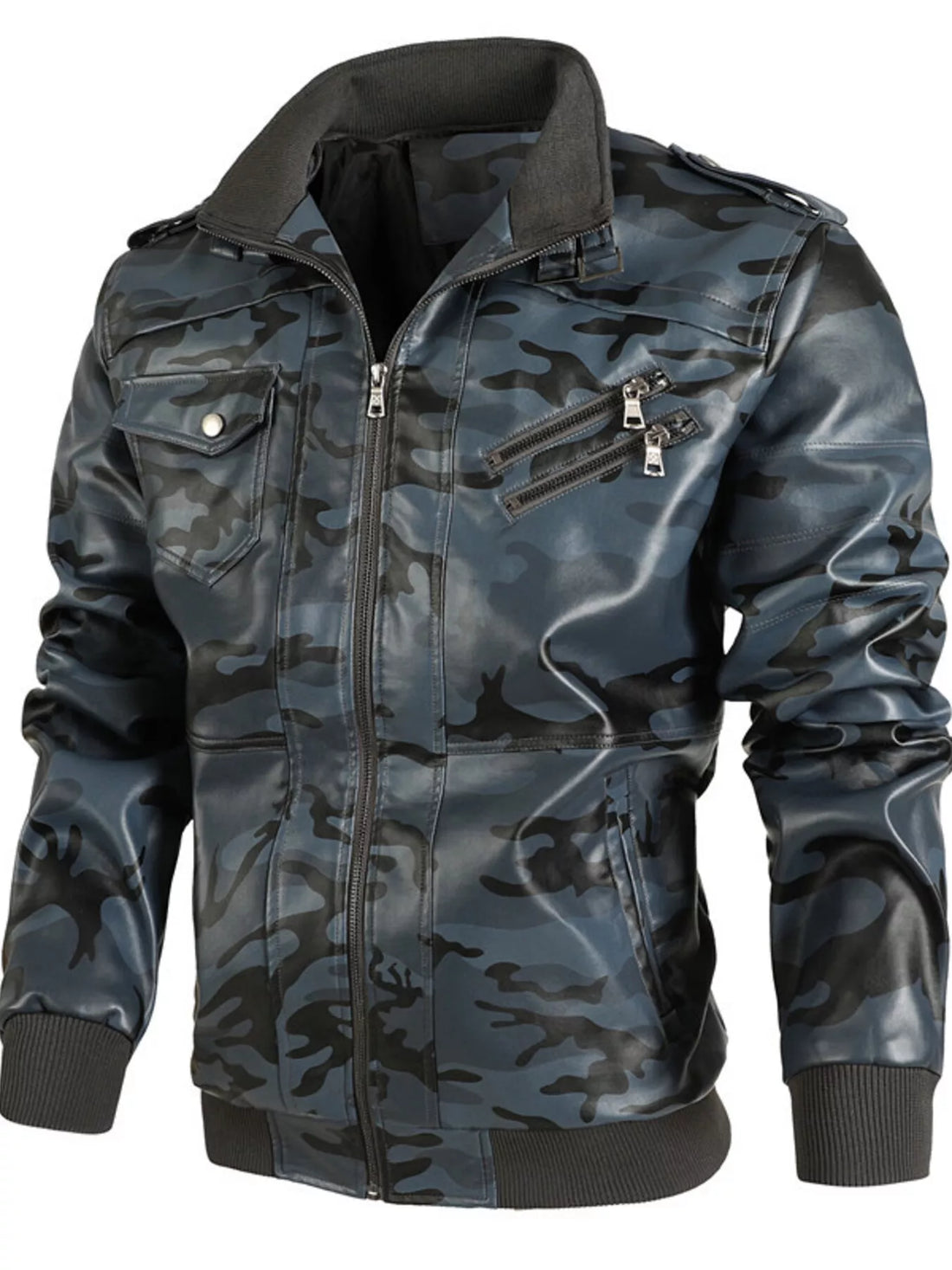 Men's Full Size Zip Up Camouflage Faux Leather Jacket Plus Size - cas7m