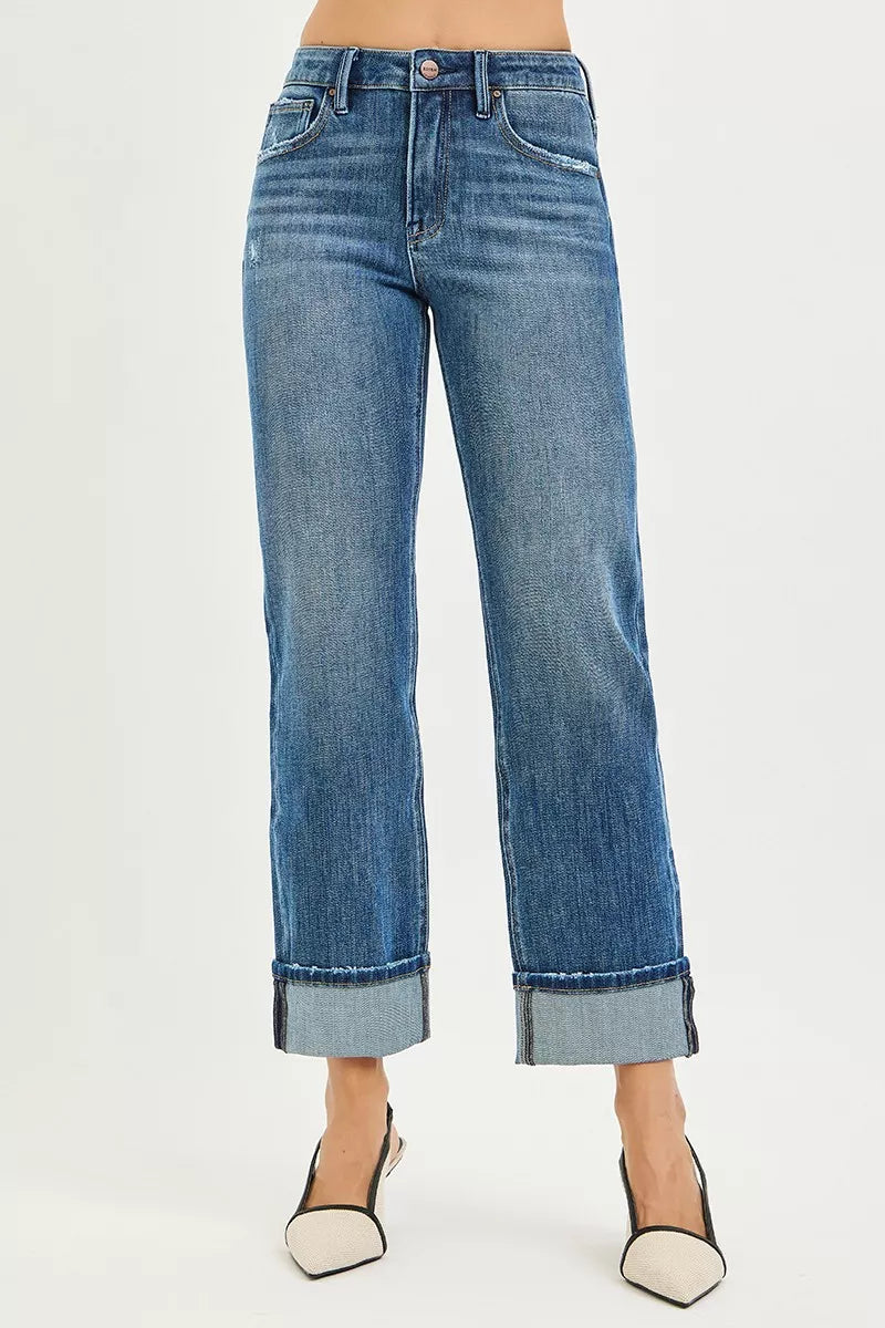 RISEN Full Size 4 Way Stretch Slouchy Straight Jeans with Cuffed Hem Plus Size - cas7m
