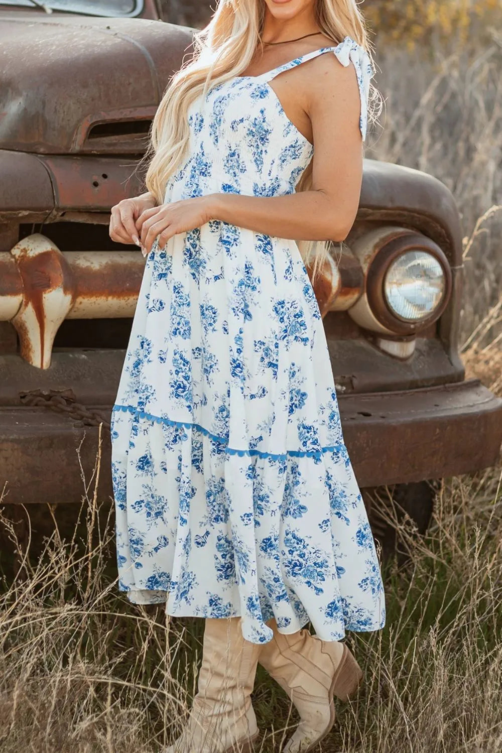 Printed Tie Shoulder Dress - cas7m