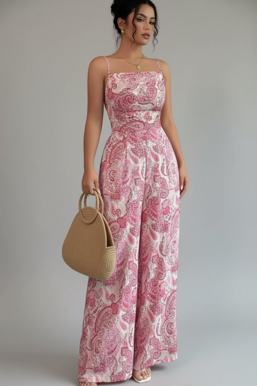 Paisley Print Wide Leg Jumpsuit - cas7m