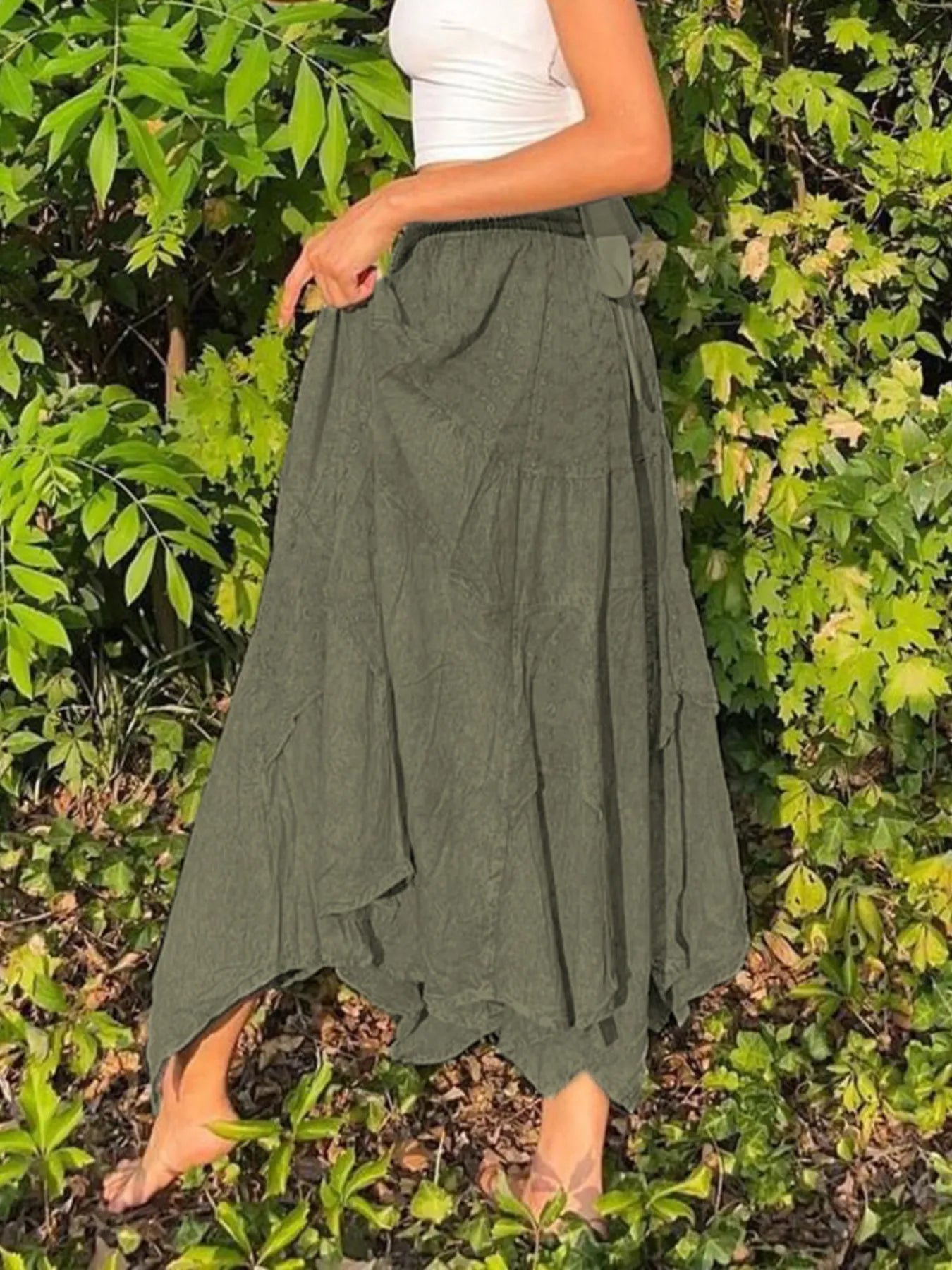 Asymmetrical Hem Midi Skirt with Drawstring Waist - cas7m