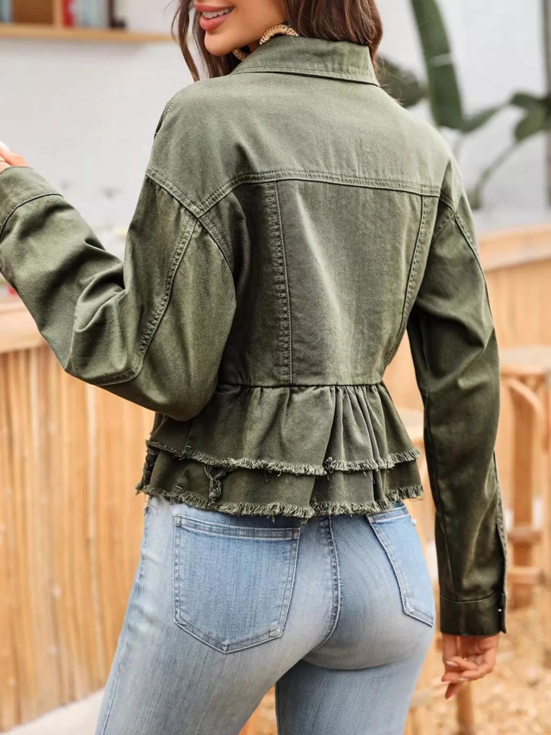 Ruffle Raw Hem Denim Jacket - cas7m