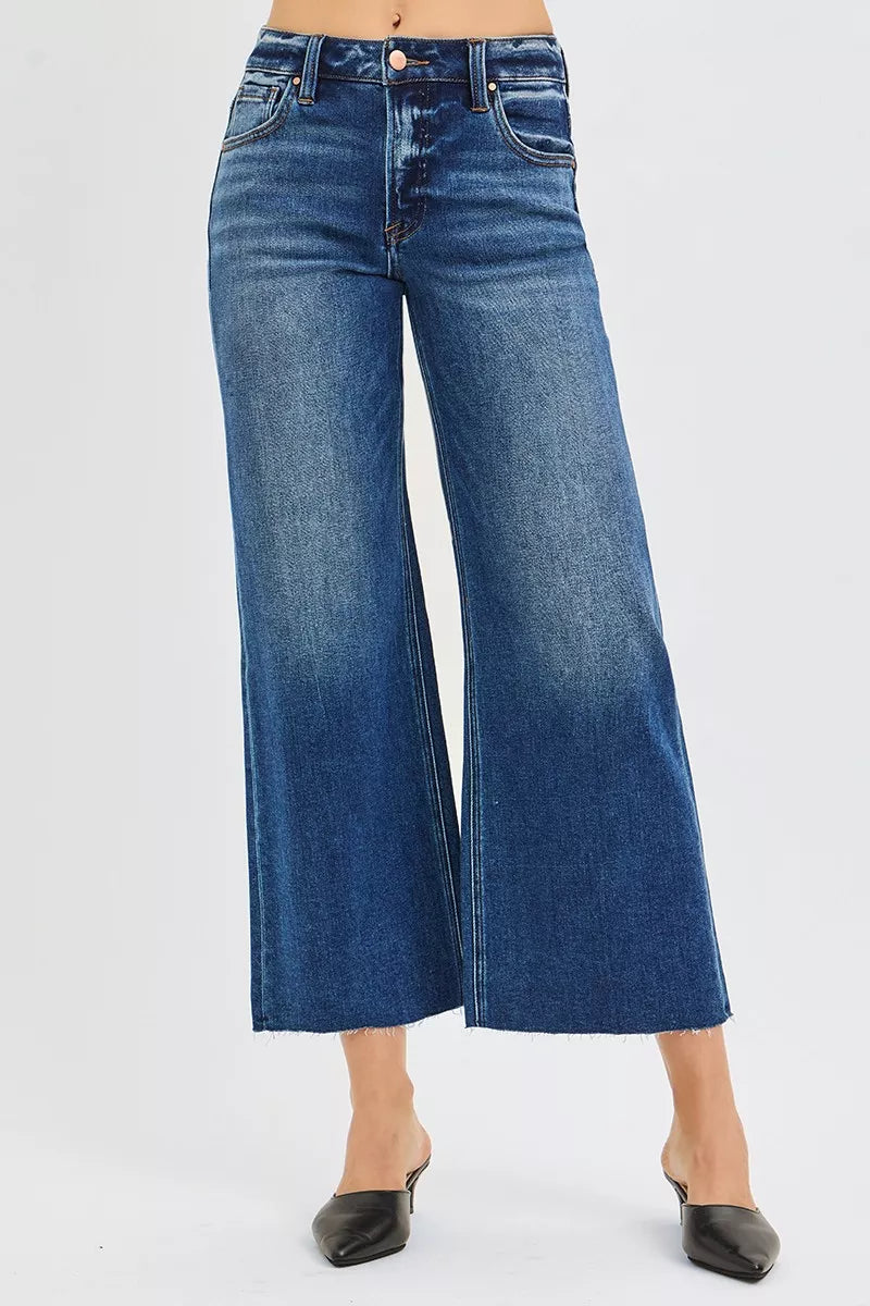 RISEN Full Size Mid Rise Crop Wide Raw Cut Hem Jeans Plus Size - cas7m