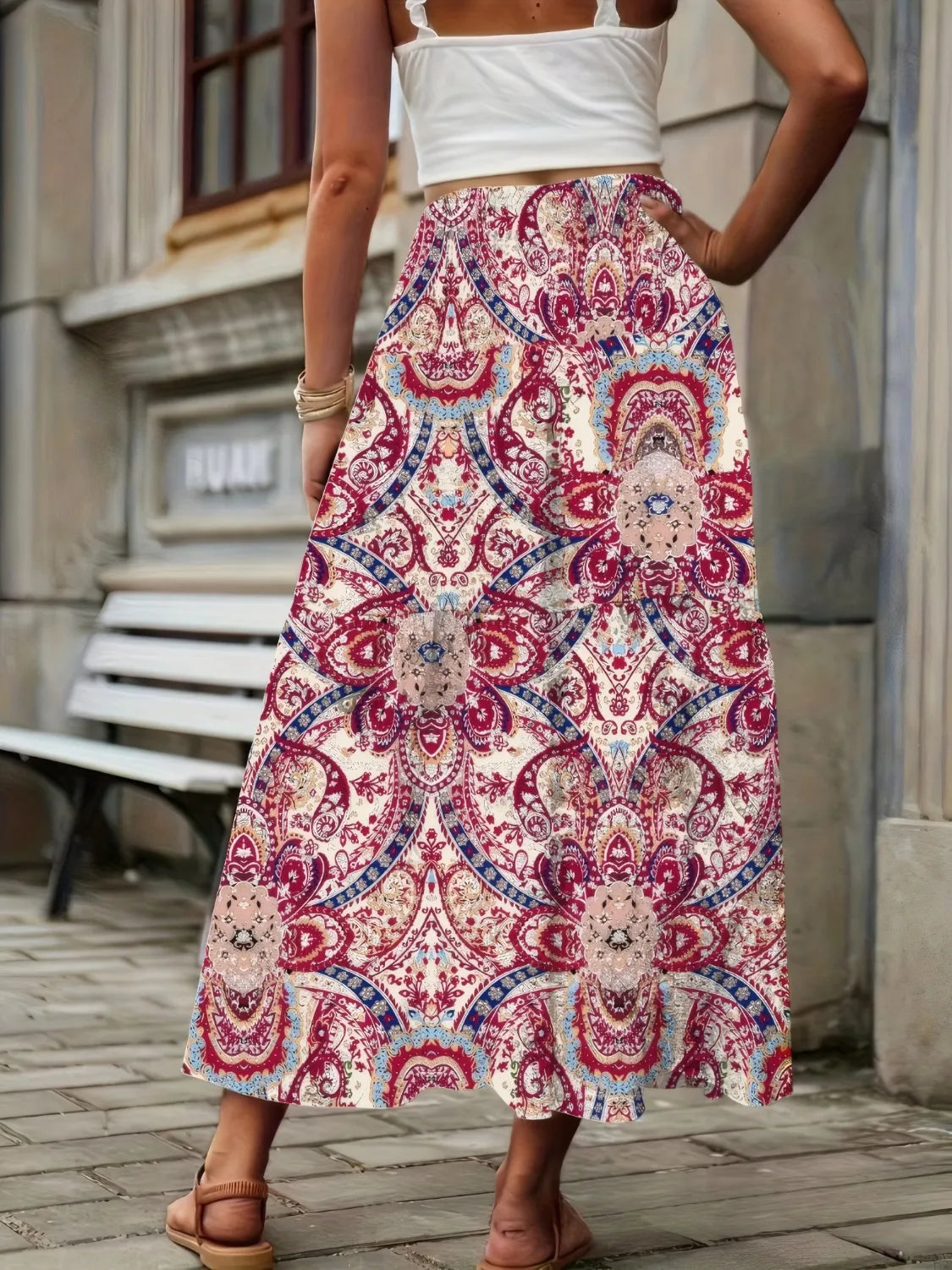 Smocked Printed High Waist Skirt - cas7m
