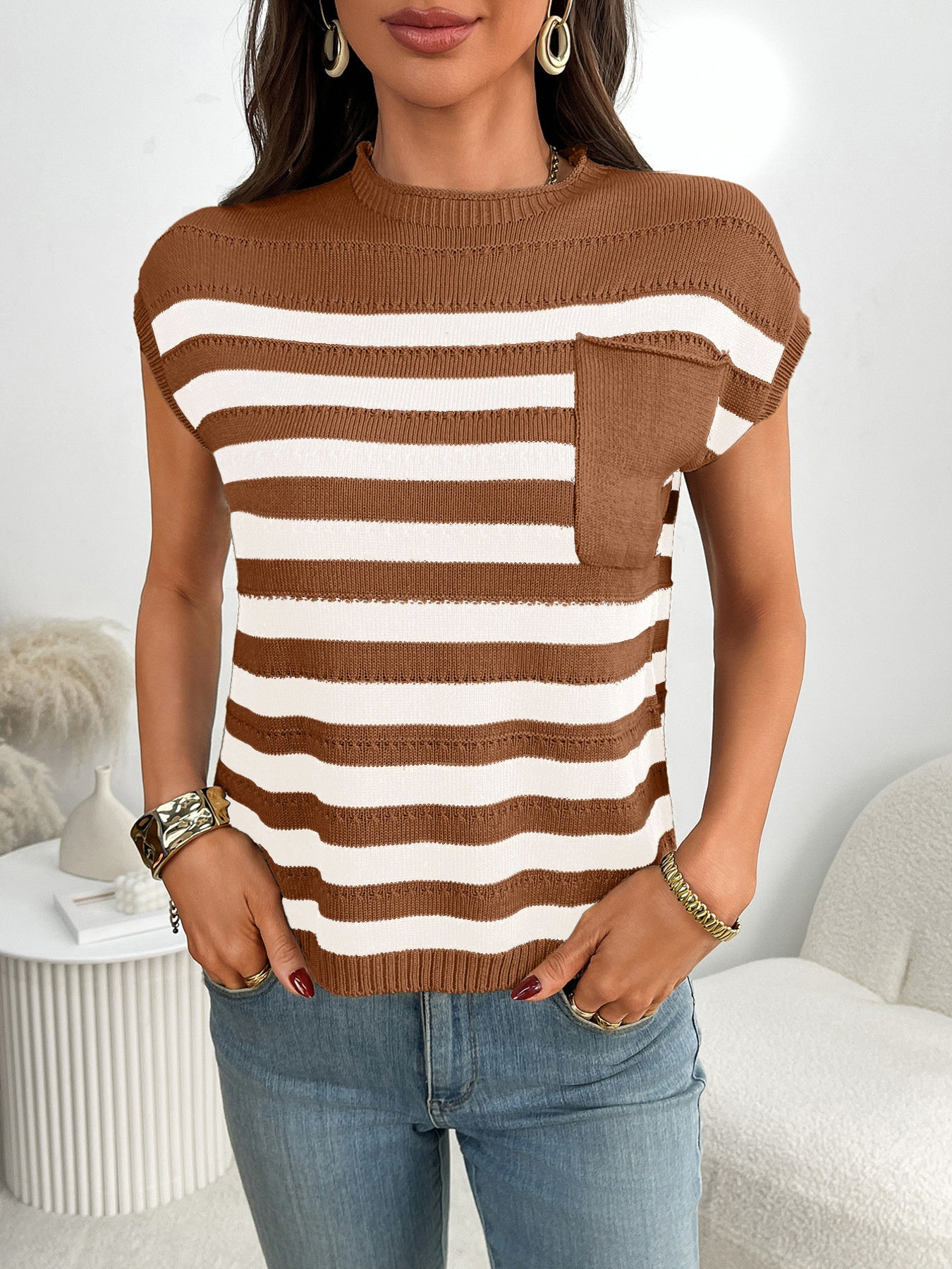 Striped Knit Pocket Detail Cap Sleeve Sweater - cas7m