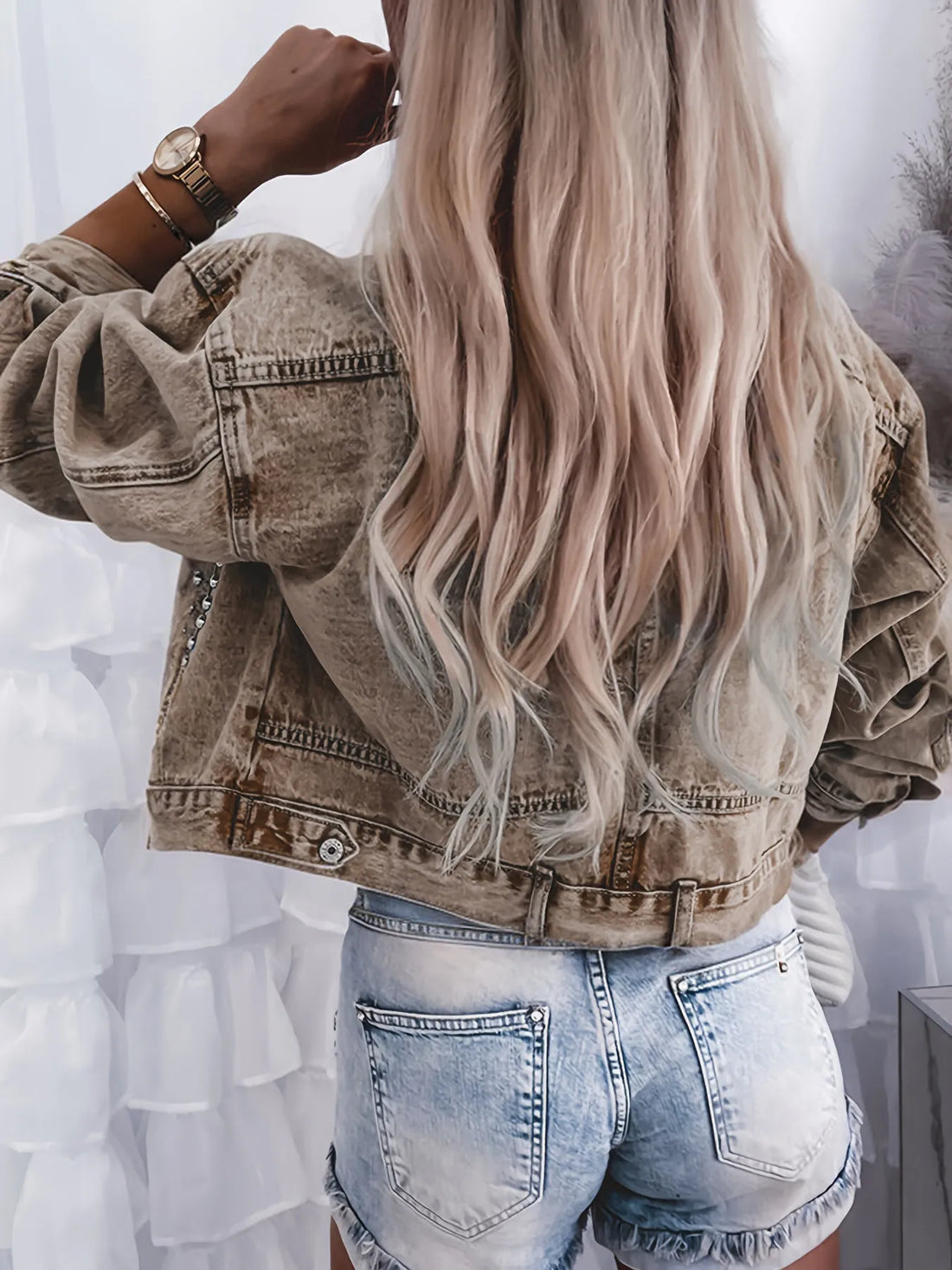 Studded Button Up Denim Jacket - cas7m