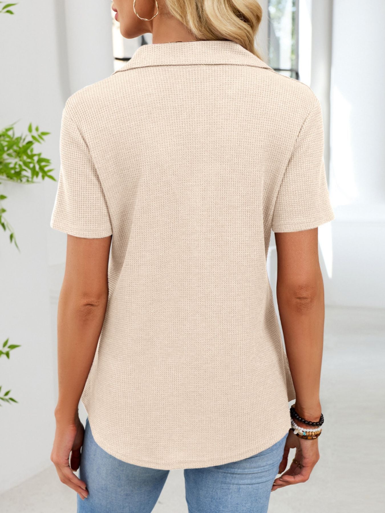 Waffle Knit Button Detail T-Shirt - cas7m