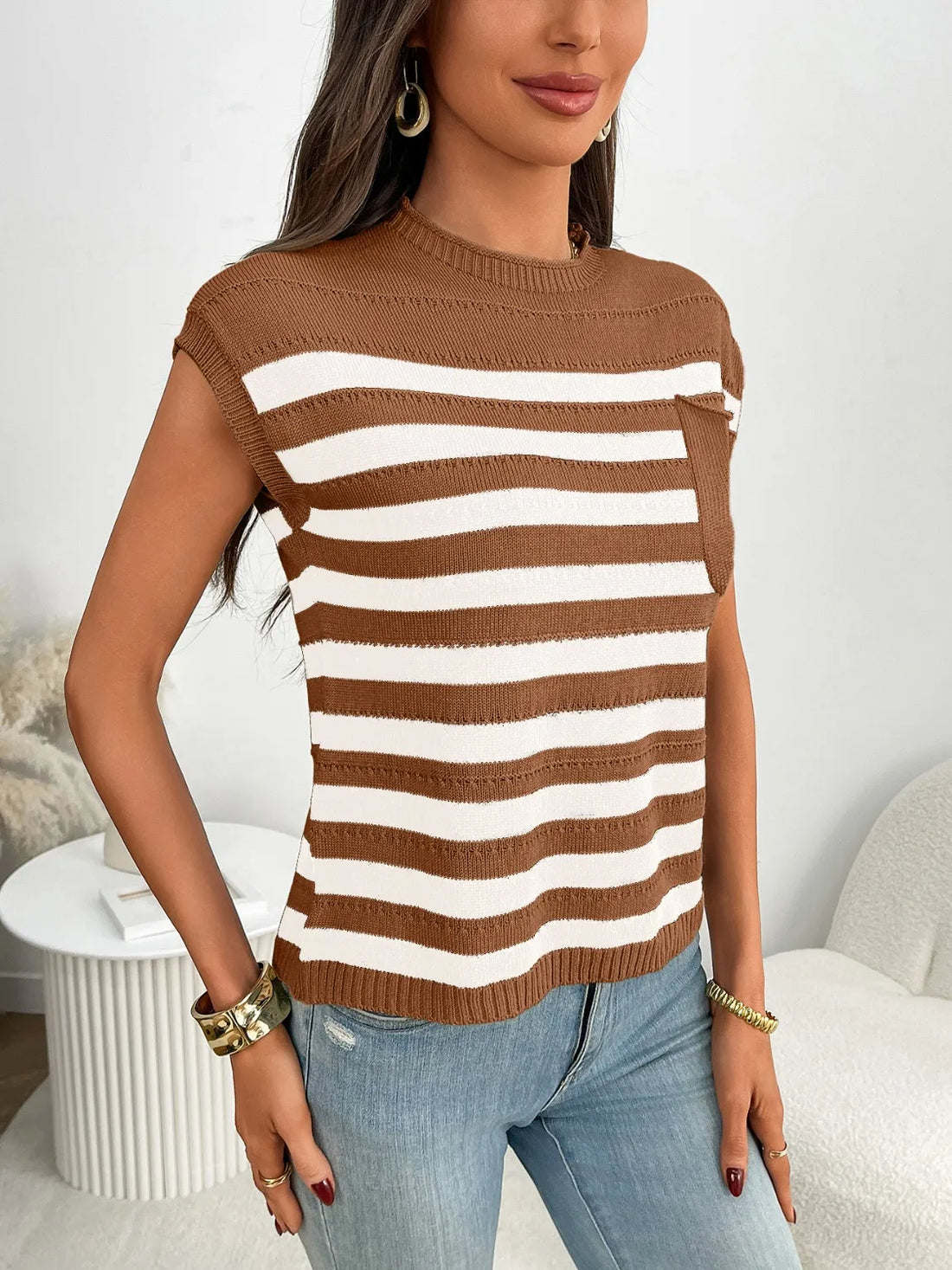 Striped Mock Neck Cap Sleeve Knit Top - cas7m