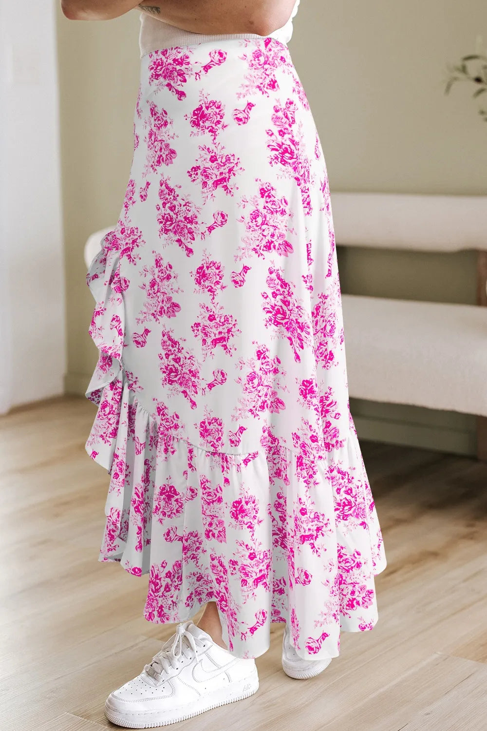 Boho Floral High Waist Ruffle Split Maxi Skirt - cas7m