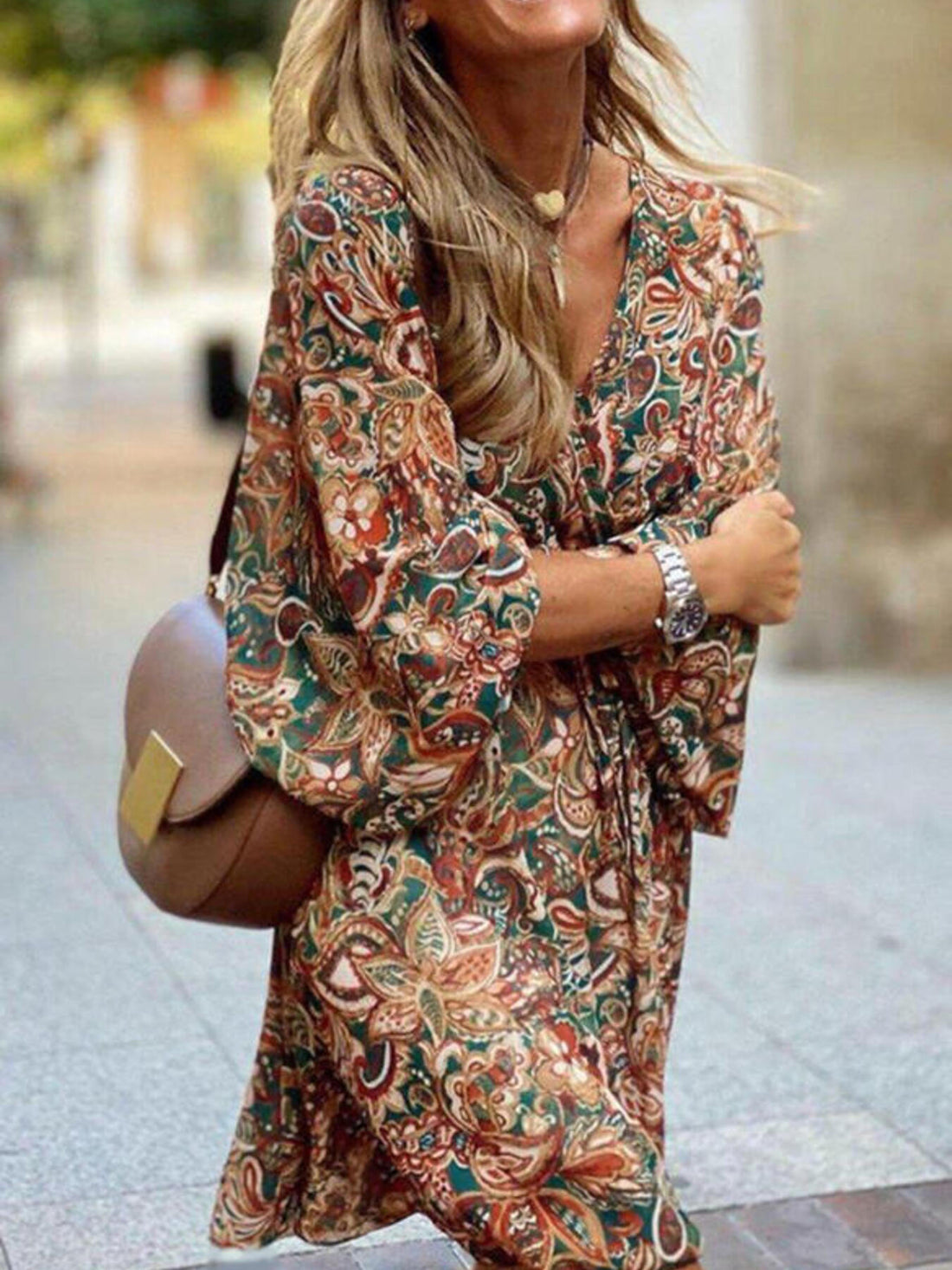 Paisley Print Balloon Sleeve Mini Dress - cas7m