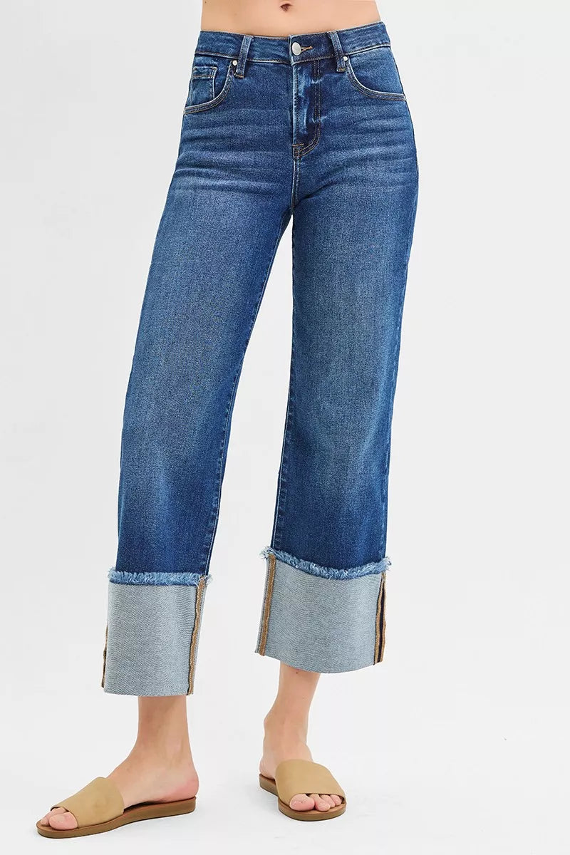 RISEN Full Size Mid Rise Crop Wide Wide Cuffed Jeans Plus Size - cas7m