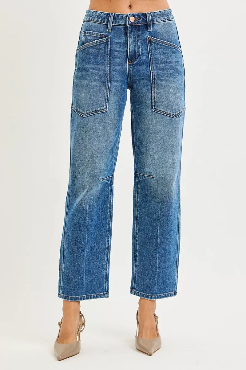 RISEN 4 Way Stretch Mid Rise Barrel Jeans with Patch Pocket Detail - cas7m