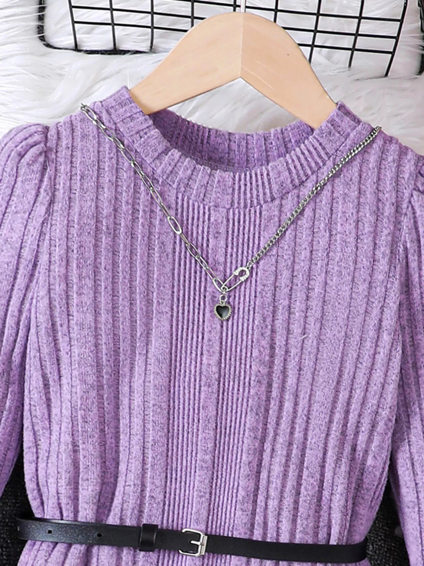 Children's Ribbed Knit Long Sleeve Dress - cas7m