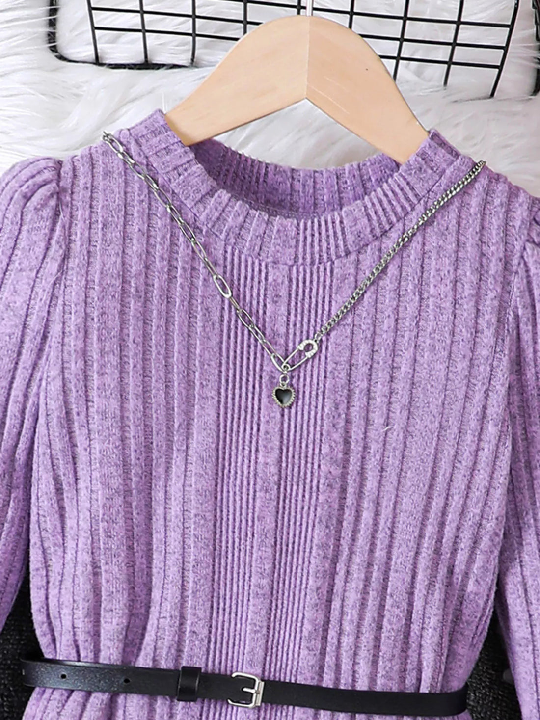 Children's Ribbed Knit Long Sleeve Dress - cas7m